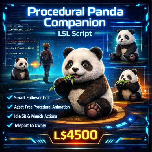 Procedural Panda Companion LSL Script for Second Life – Smart Follower Pet, Asset-Free Animation, Full Permissions