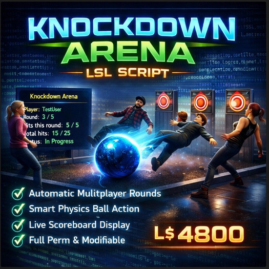 Knockdown Arena LSL Script with Smart Physics Ball & Automatic Leaderboard – Full Permission Multiplayer Game System 