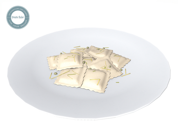 Dutchie mesh food: white plate with spinach goat cheese ravioli with capers, parsley, lemon and Parmesan 