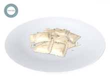 Dutchie mesh food: white plate with spinach goat cheese ravioli with capers, parsley, lemon and Parmesan 