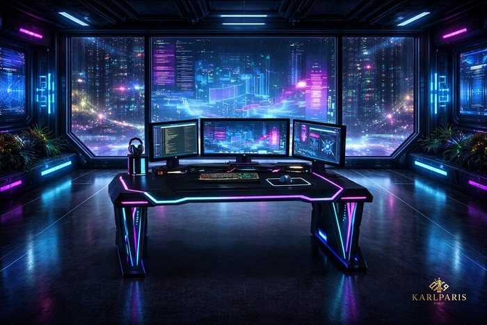 Cyberpunk Hacker Command Center – Futuristic Gaming Desk Setup