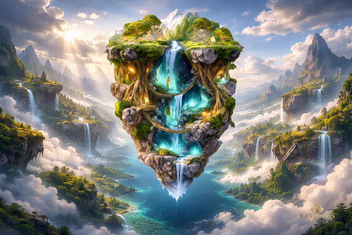 Floating Fantasy Island Waterfalls – Magical Sky Landscape