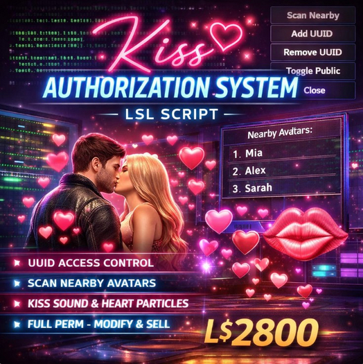 Kiss Authorization System LSL Script (Full Perm) – UUID Access Control, Public Mode Toggle, Scan Nearby & Sound