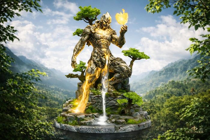 Elemental Guardian Statue – Fire & Water Fantasy Decor