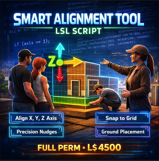  Smart Alignment Tool LSL Script – Builder Grid Snap, Precision Nudge, Axis Align System for Second Life & OpenSim 