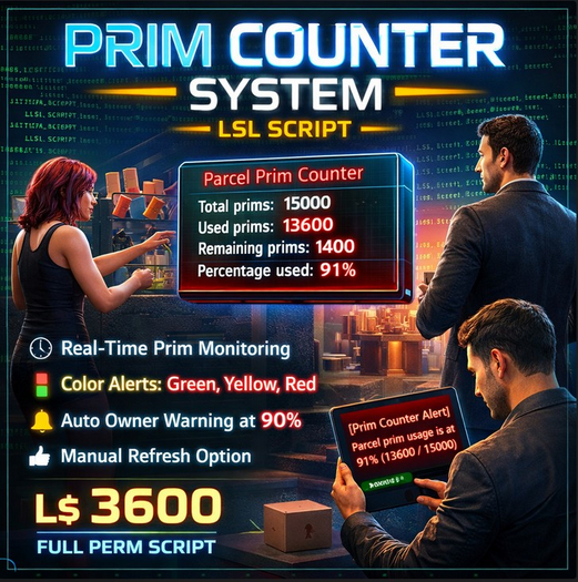 LSL Prim Counter System Script – Parcel Prim Usage Monitor with Owner Alert & Smart Hover Display (Full Perm)