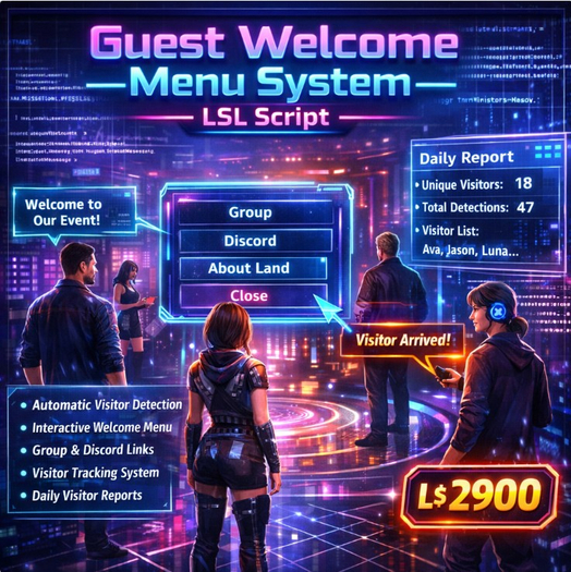 Guest Welcome Menu System LSL Script – Automatic Visitor Greeter, Interactive Menu, Discord & Group Links