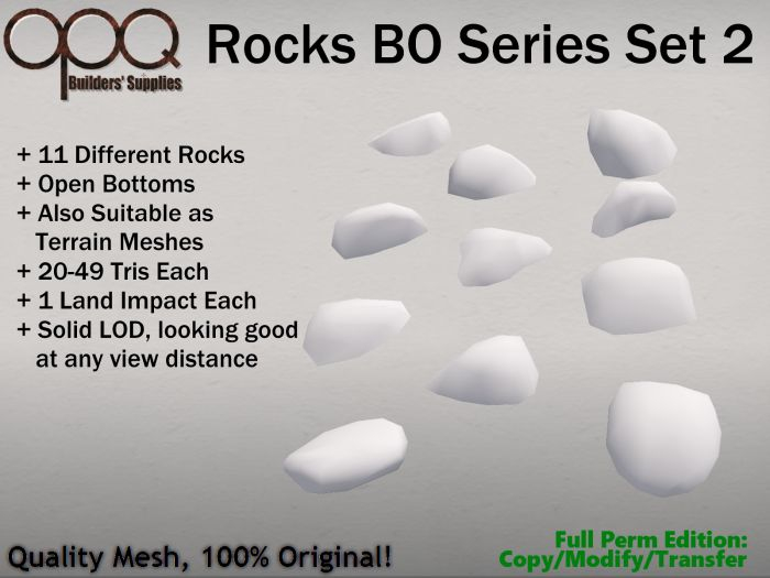 11 Full Perm 1 LI Low Poly Rocks or Terrain Meshes - OPQ Rocks BO Series Set 2