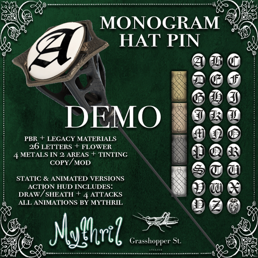 Grasshopper St Monogram Hat Pin DEMO