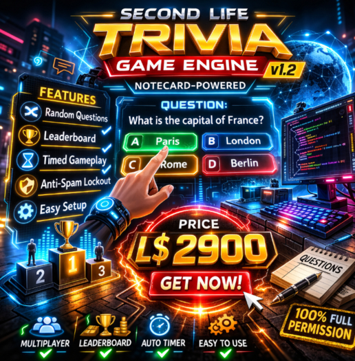 Second Life Advanced Trivia Game Engine LSL Script v1.2 – Notecard Powered Multiplayer Quiz System with Leaderboard & Lo