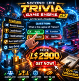 Second Life Advanced Trivia Game Engine LSL Script v1.2 – Notecard Powered Multiplayer Quiz System with Leaderboard & Lo