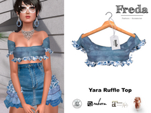 "Freda" Yara Ruffle Top Floral Blue, cropped Jersey Stretch Shirt with Frills, Fancy Summer Print