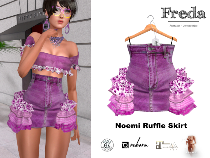"Freda" Noemi Ruffle Skirt Denim Pink, Fancy Jeans Mini Skirt with Patchwork Style Frills from Cotton Fabric