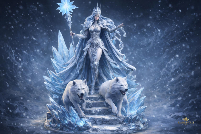 Ice Queen Statue – Fantasy Frost Goddess with Wolves
