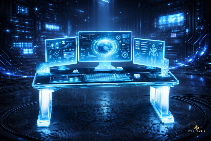 Holographic Control Console – Futuristic Sci-Fi Computer Desk