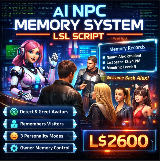 AI NPC Memory System LSL Script – Smart Avatar Detection, Auto Greeting, Personality Modes & Visitor Memory
