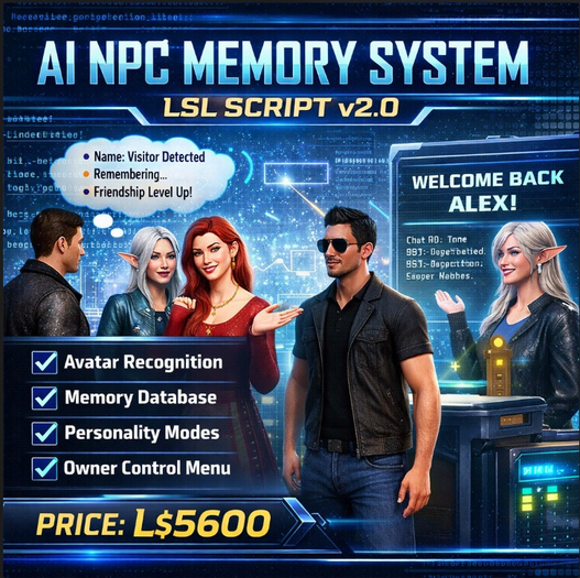  AI NPC Memory System LSL Script v2.0 – Smart Greeter with Avatar Recognition, Memory Database, Personality Modes