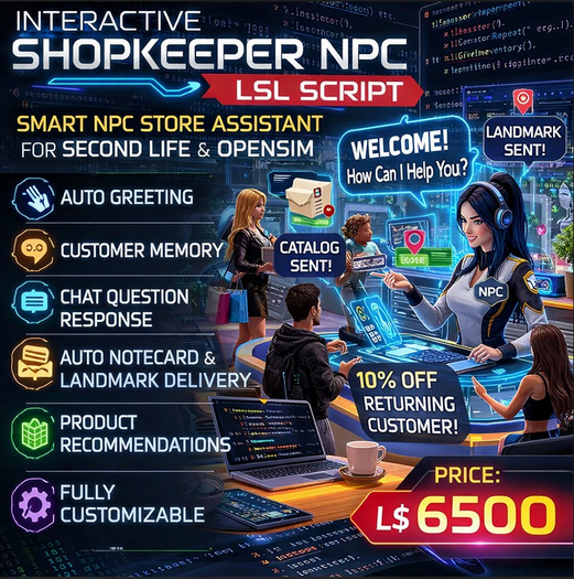 Interactive Shopkeeper NPC LSL Script – Smart AI Store Greeter with Customer Memory, Product Catalog & Landmark provides