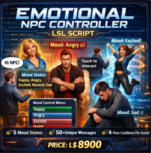  Emotional NPC Controller LSL Script – Interactive Mood-Based NPC for Second Life