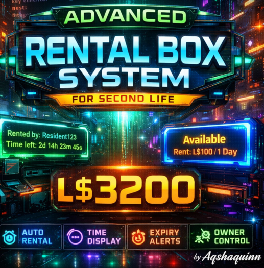 Advanced Rental Box System Script for Second Life – Smart Auto Rent, Timer Display, Payment Control & Expiration Alerts