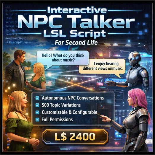  Interactive NPC Talker LSL Script for Second Life – Full Permission, Autonomous Conversational AI