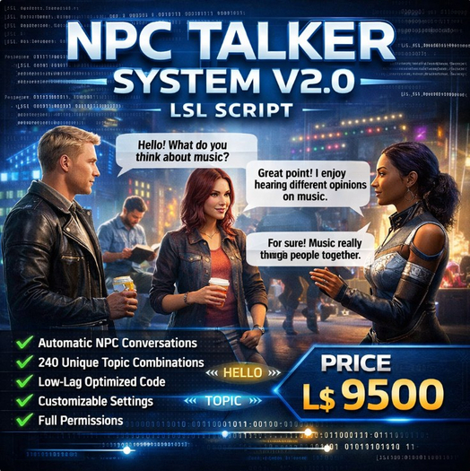 NPC Talker System V2.0 LSL Script – Automatic NPC Conversations, Roleplay Chat Bots, AI-Style Background Dialogue Script