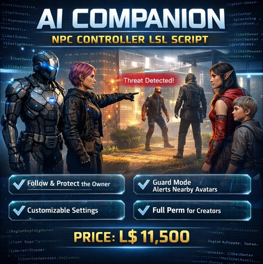AI Companion NPC Controller LSL Script – Follow, Guard & Smart NPC System – Full Perm Script for Second Life Creators