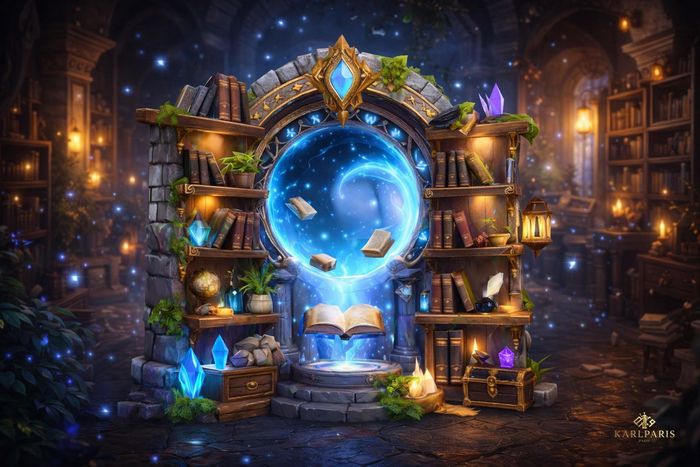 Magic Library Portal – Fantasy Arcane Bookshelf Gateway
