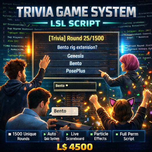 Trivia Game System – 1500 Round Smart Quiz Engine (LSL Script) | Full Perm Interactive Trivia Machine for Events, Clubs 
