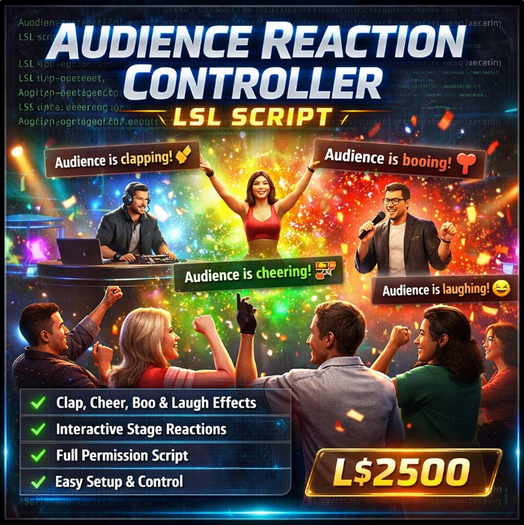 Audience Reaction Controller LSL Script – Clap, Cheer, Boo & Laugh Effects | Interactive Stage Crowd System