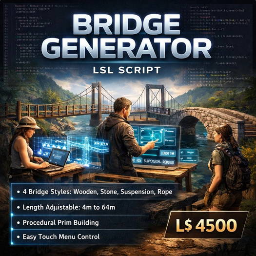 Bridge Generator LSL Script – Procedural Bridge Builder (Wooden, Stone Arch, Suspension, Rope)  Length Slider 