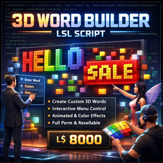 3D Word Builder LSL Script for Linked Prims – Voxel Letters, Custom Colors & Animation, Full Permission