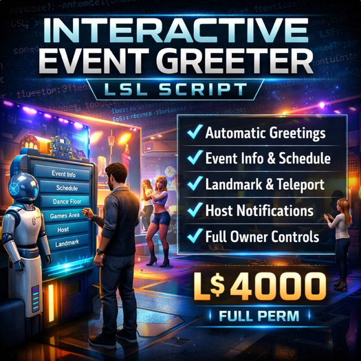 Interactive Event Greeter LSL Script – Automated Welcome System with Menu, Schedule, Landmark Giver & Full Permissions