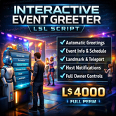 Interactive Event Greeter LSL Script – Automated Welcome System with Menu, Schedule, Landmark Giver & Full Permissions