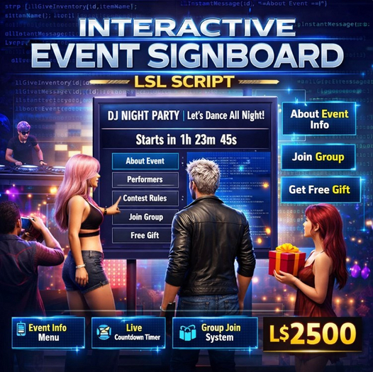Interactive Event Signboard LSL Script – Event Board System with Countdown, Menu, Free Gift & Group Join – Full Perm