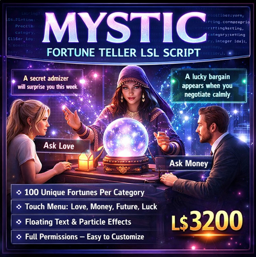 Mystic Fortune Teller LSL Script – Interactive Randomized Predictions for Second Life, Full Permissions