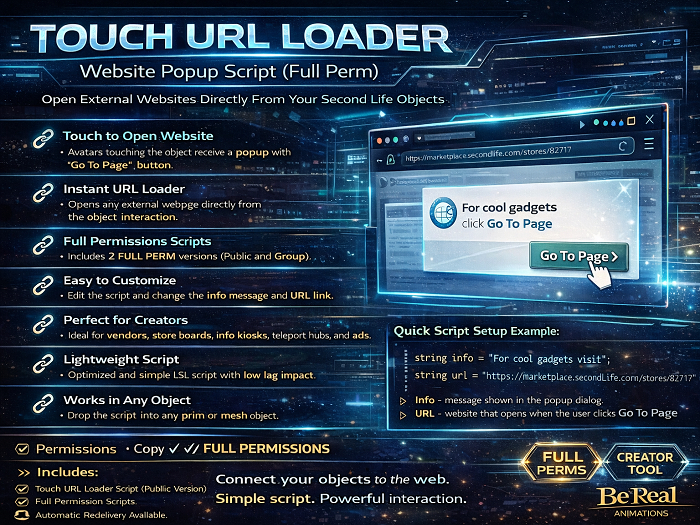 Touch URL Loader Script Full Perm – Website Popup Link Opener for Second Life Objects