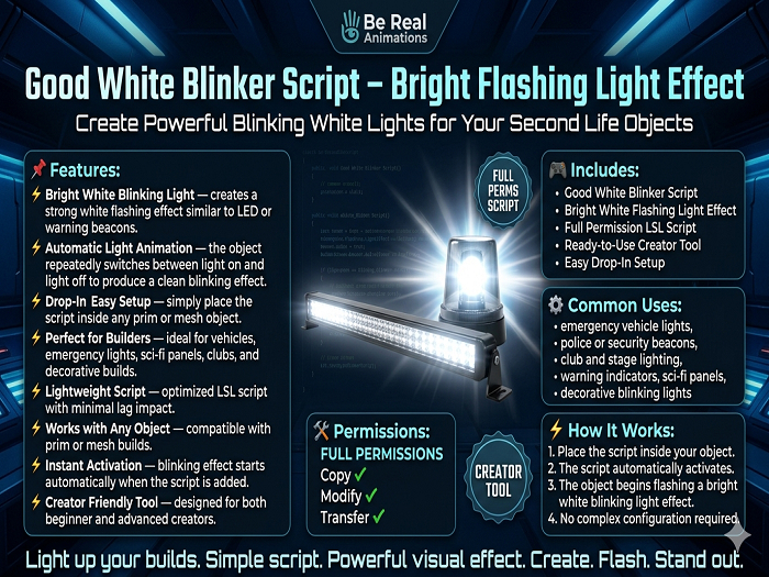 Good White Blinker Script Full Perm – Flashing White Light Beacon Effect for Second Life Objects