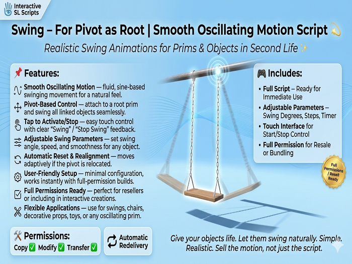 Swing – For Pivot as Root | Smooth Oscillating Motion Script for Prims & Objects in Second Life  5 Product feat
