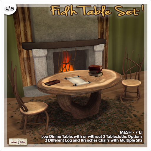[V/W] Fidh Table Set I - Medieval Fantasy Log Chairs & Table, with and without tablecloth (2 options, menu driven) 