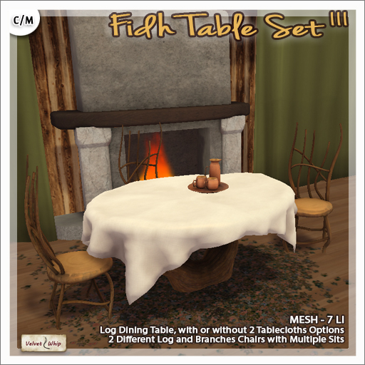 [V/W] Fidh Table Set III - Medieval Fantasy Log Chairs & Table, with and without tablecloth (2 options, menu driven)