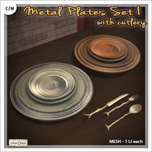 [V/W] Metal Plates Set I - Medieval Fantasy Copper and Pewter Dinner Plates, inclusive of Fork, Spoon, Knife