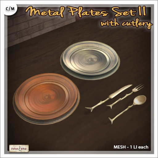 [V/W] Metal Plates Set II - Medieval Fantasy Copper and Pewter Dinner Plates, inclusive of Fork, Spoon, Knife