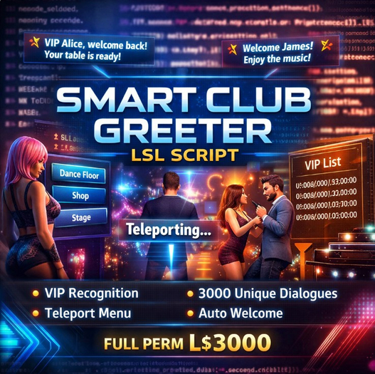 Smart Club Greeter System LSL Script – VIP Recognition, Auto Welcome, Teleport Menu, 3000 Dialogue Engine – Full Perm 