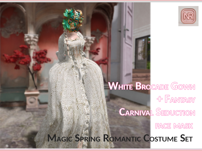 Magic Spring Romantic Costume SET: White Brocade Gown + Mask
