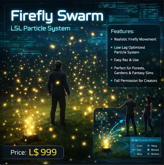 Firefly Swarm Particle System – Realistic Night Fireflies Ambient Effect (Full Perm LSL Script Object for Builders)
