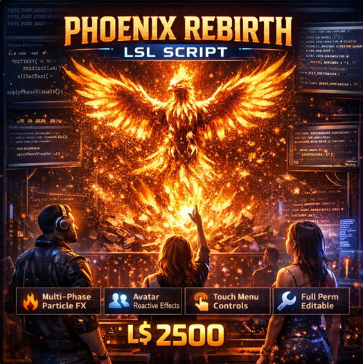 Phoenix Rebirth LSL Script Full Perm – Advanced Multi Phase Particle System with Menu Control, Avatar Reactive Effects