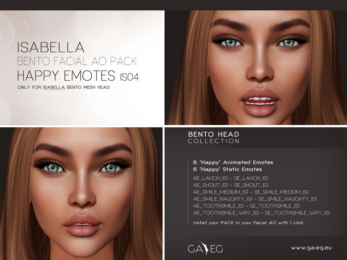 Second Life Marketplace - NEW !!! [GA.EG] Isabella Bento Facial AO Pack ...