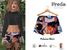 "Freda" Paloma Mini Skirt Mixed Media Face Orange Black, Fun Expressive Printed Summer Pattern