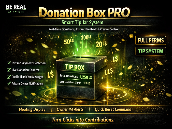Donation Box Script FULL PERMS – Tip Jar System, Receive L$, Auto Messages, Creator Tool